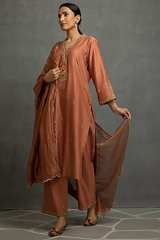 brown chanderi & organza embroidered kurta set