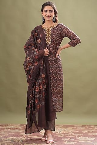 brown chanderi embroidered kurta set