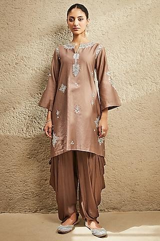 brown chanderi embroidered kurta set