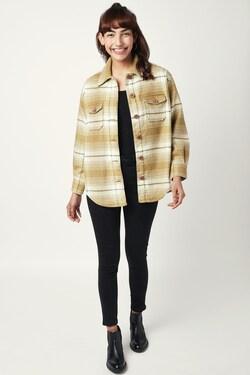 brown check casual full sleeves regular collar women regular fit jacket