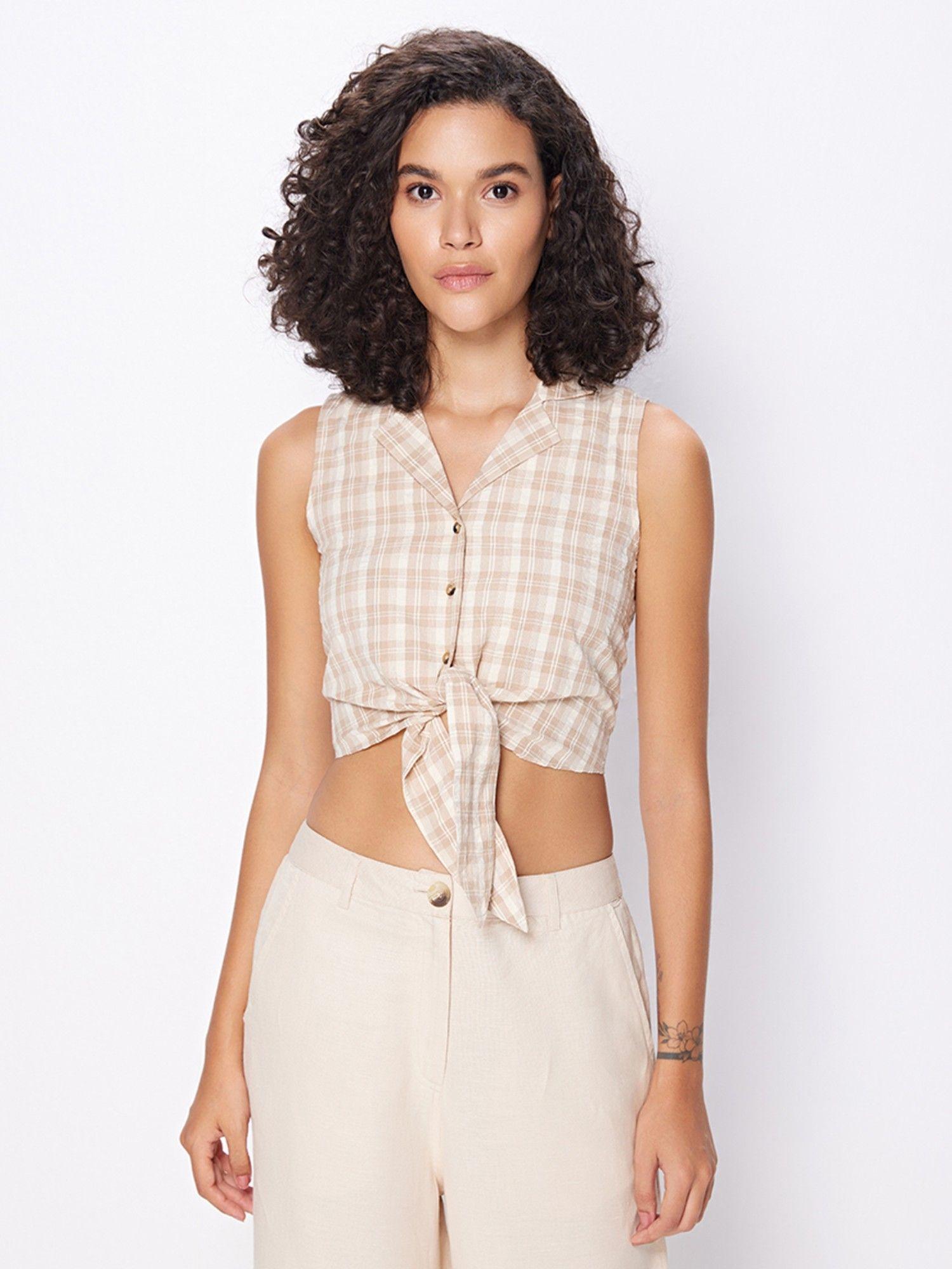 brown check crop top