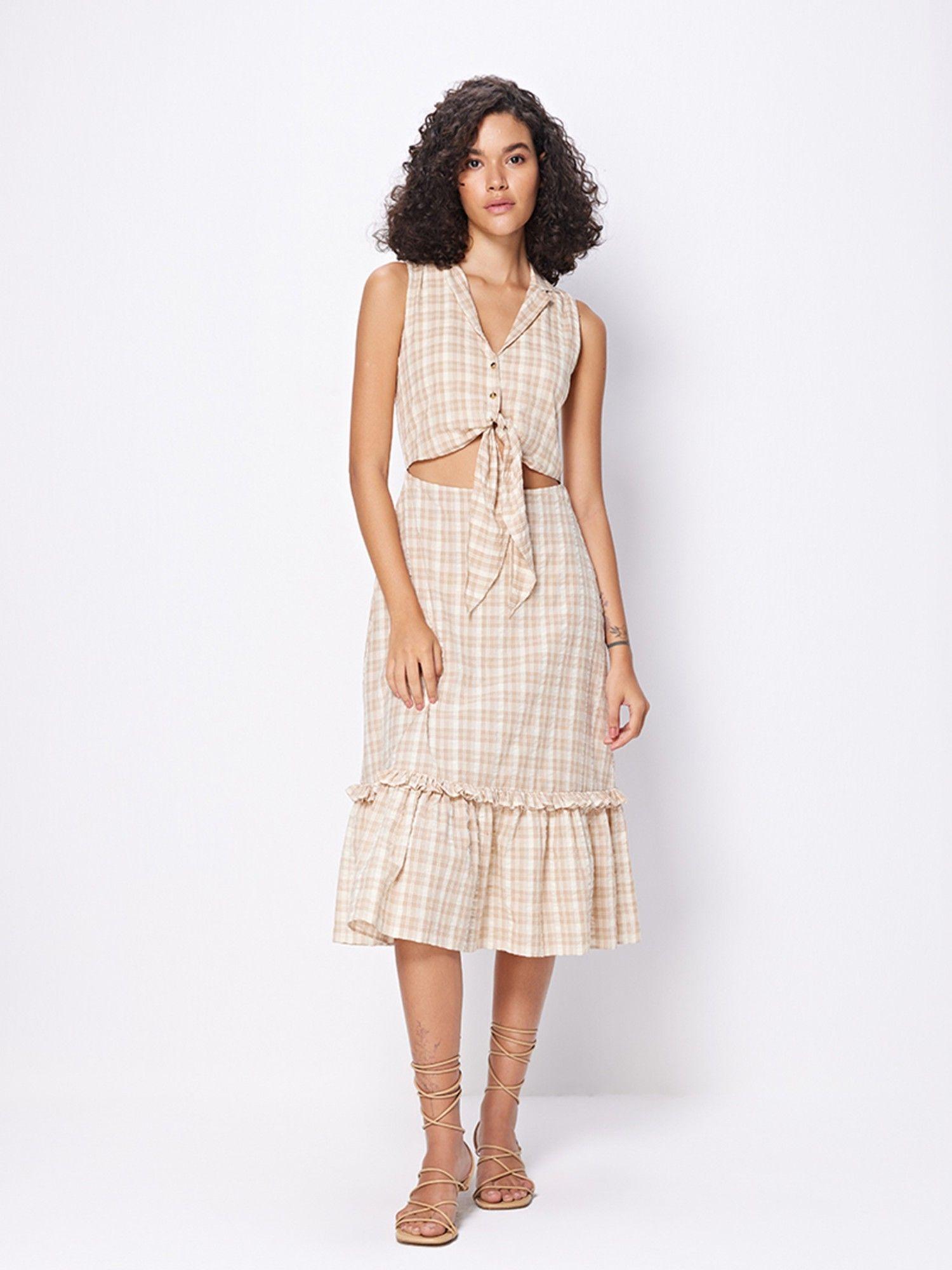 brown check cut out midi dress