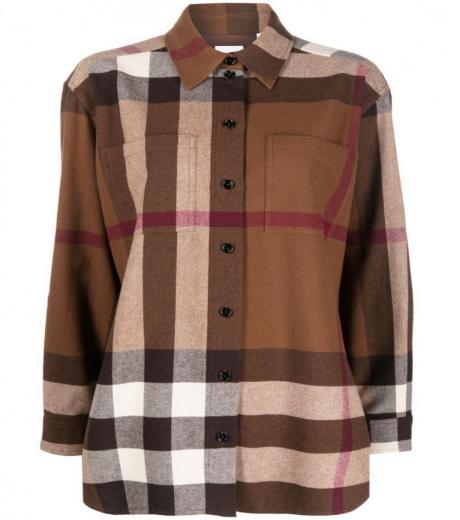 brown check motif wool shirt