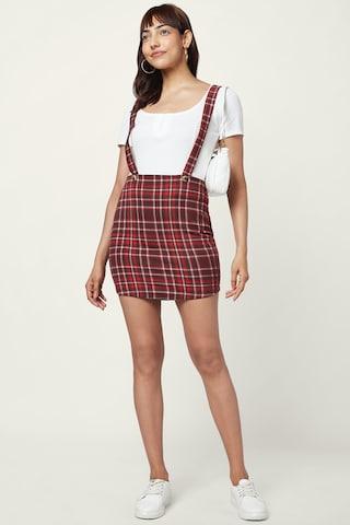 brown check thigh-length casual women slim fit skirt