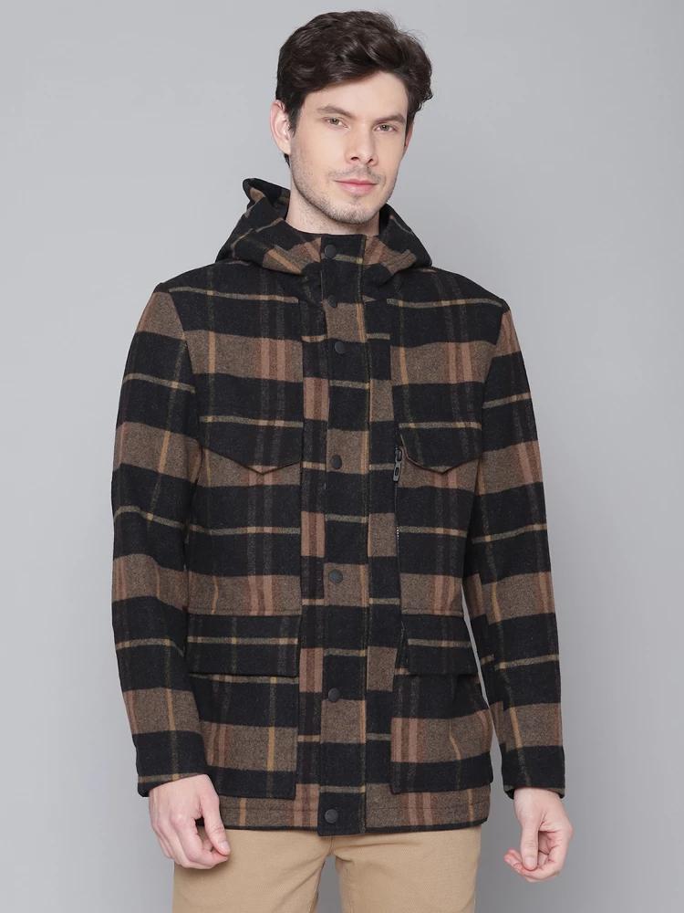 brown checked hooded coat