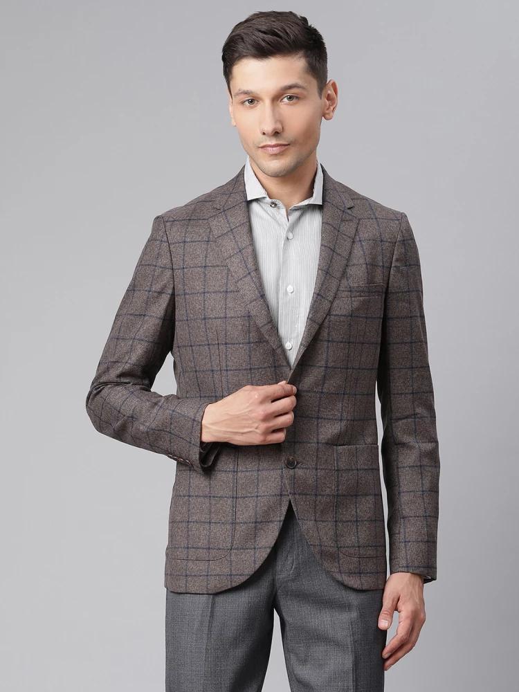 brown checked notched lapel blazer