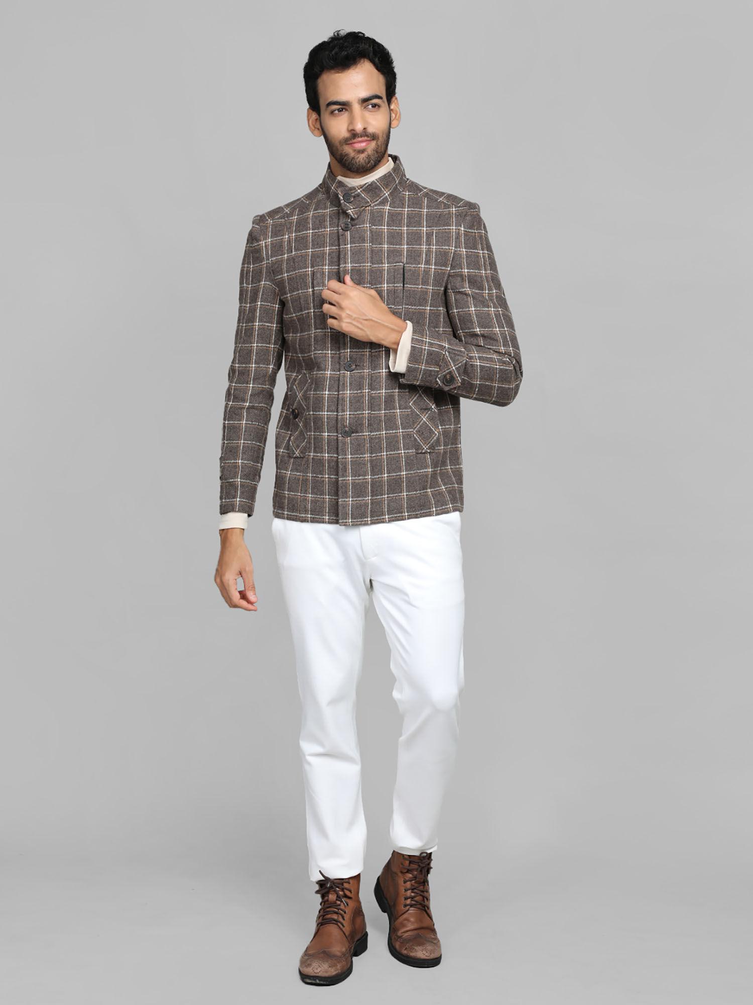 brown checked stand collar coats