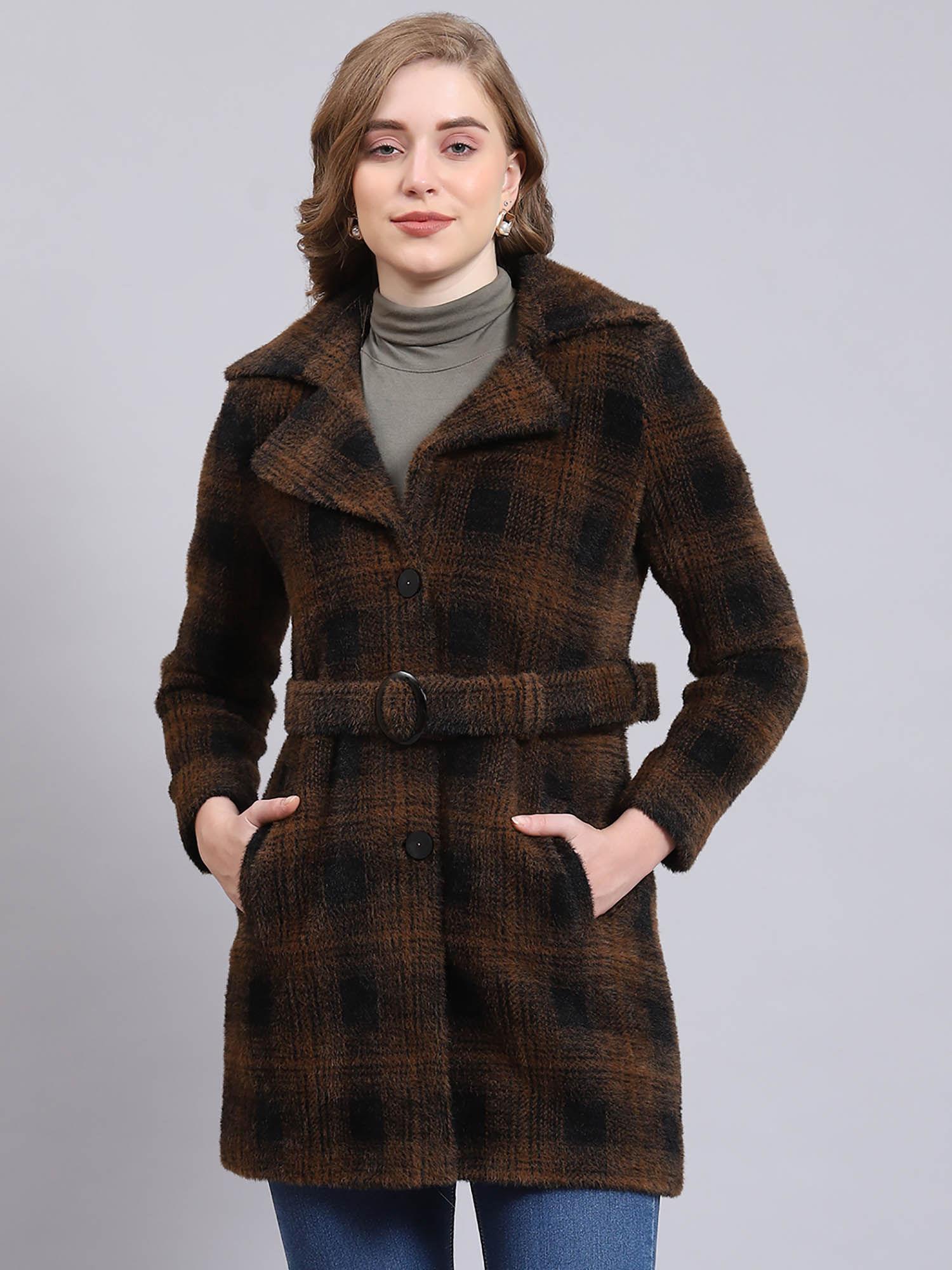 brown checks full sleeves notched lapel coat (set of 2)