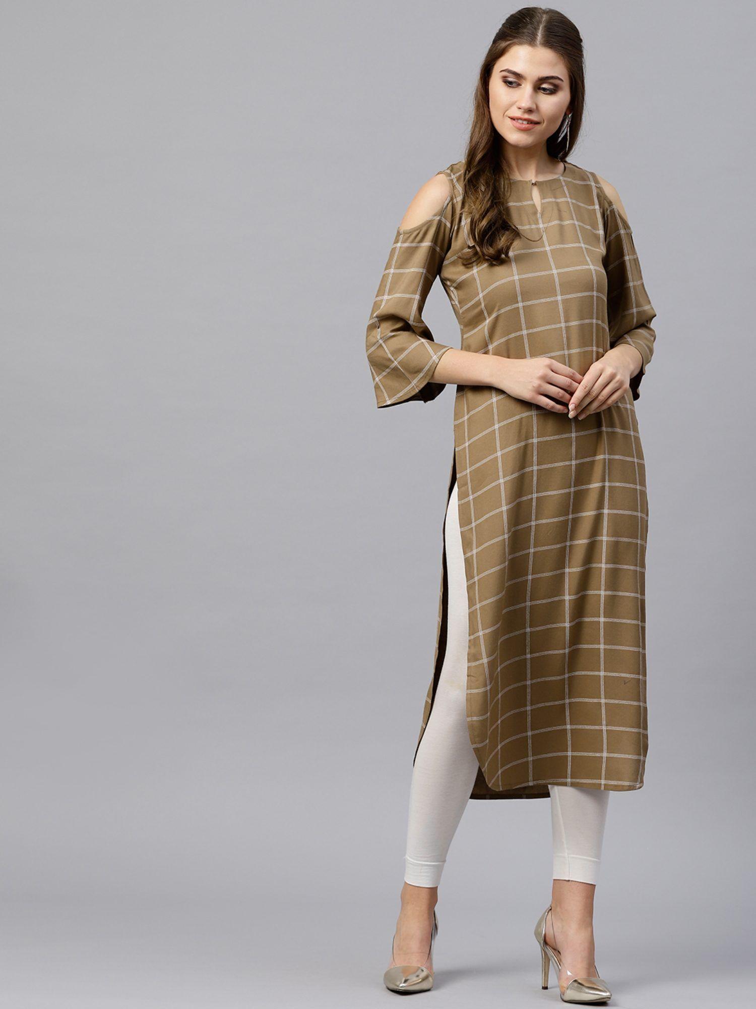 brown checks rayon straight kurta