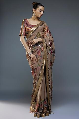 brown chiffon floral thread embroidered saree set