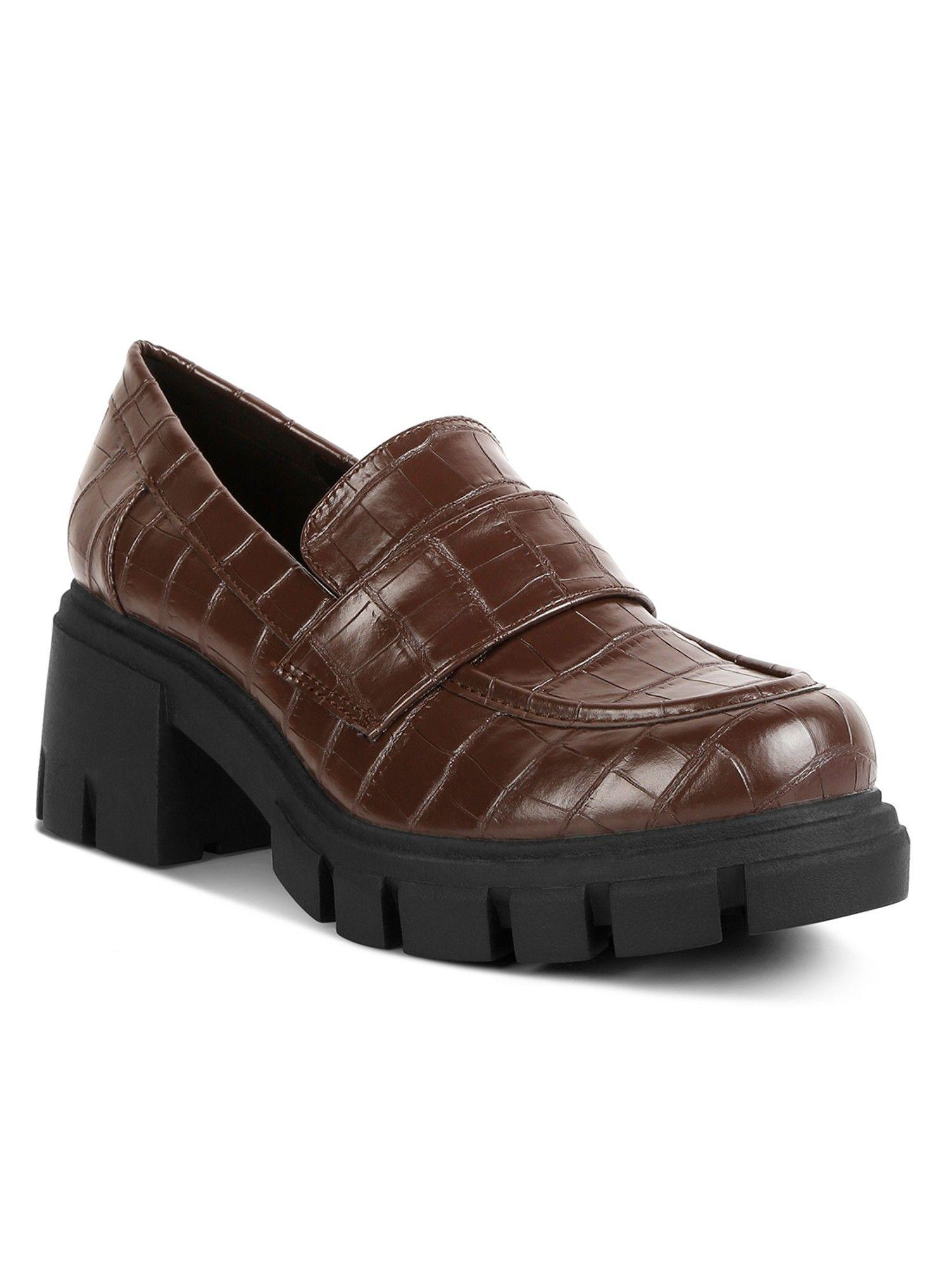 brown chunky block heel loafers