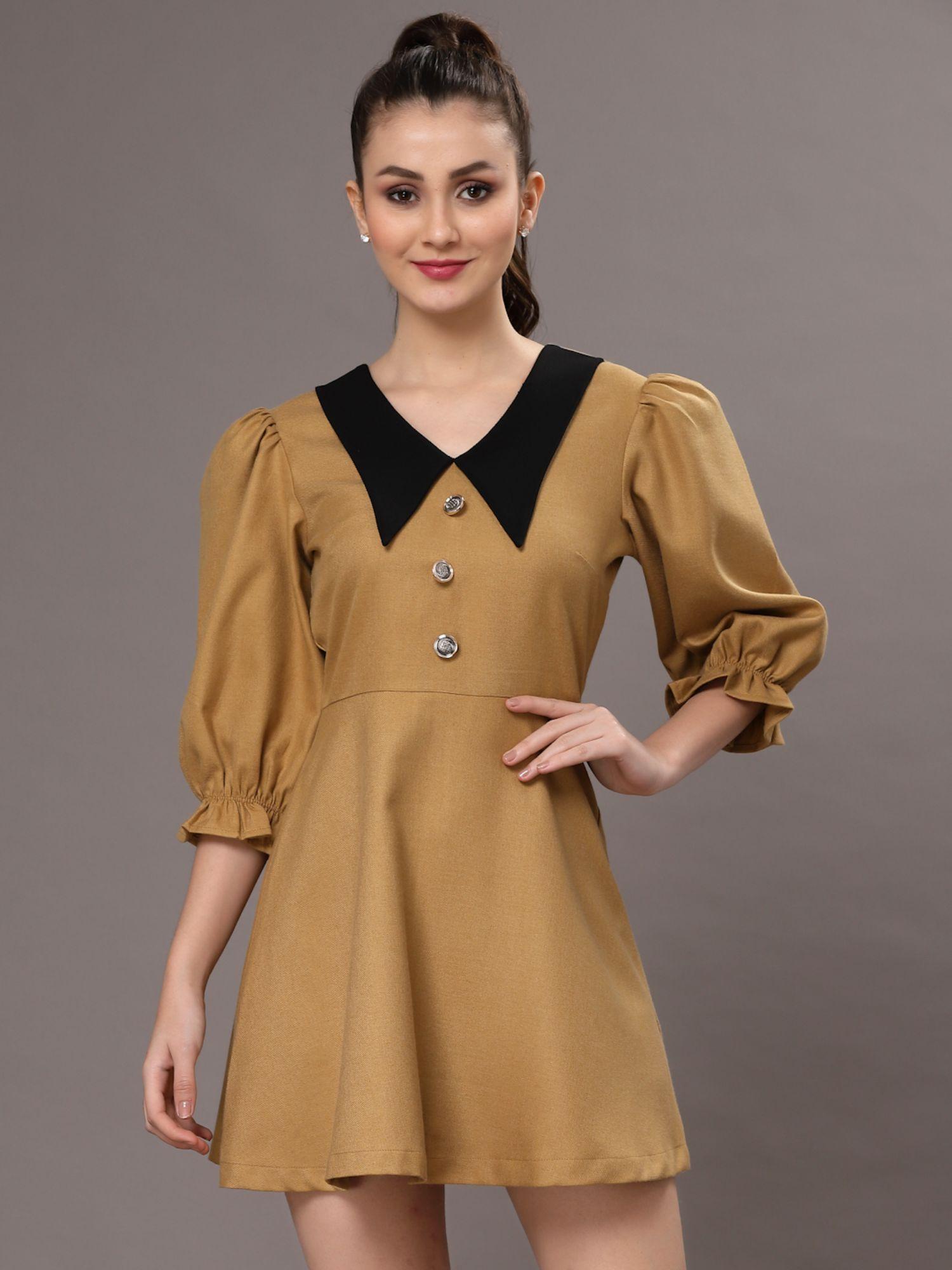 brown collar puff sleeve mini a-line dress