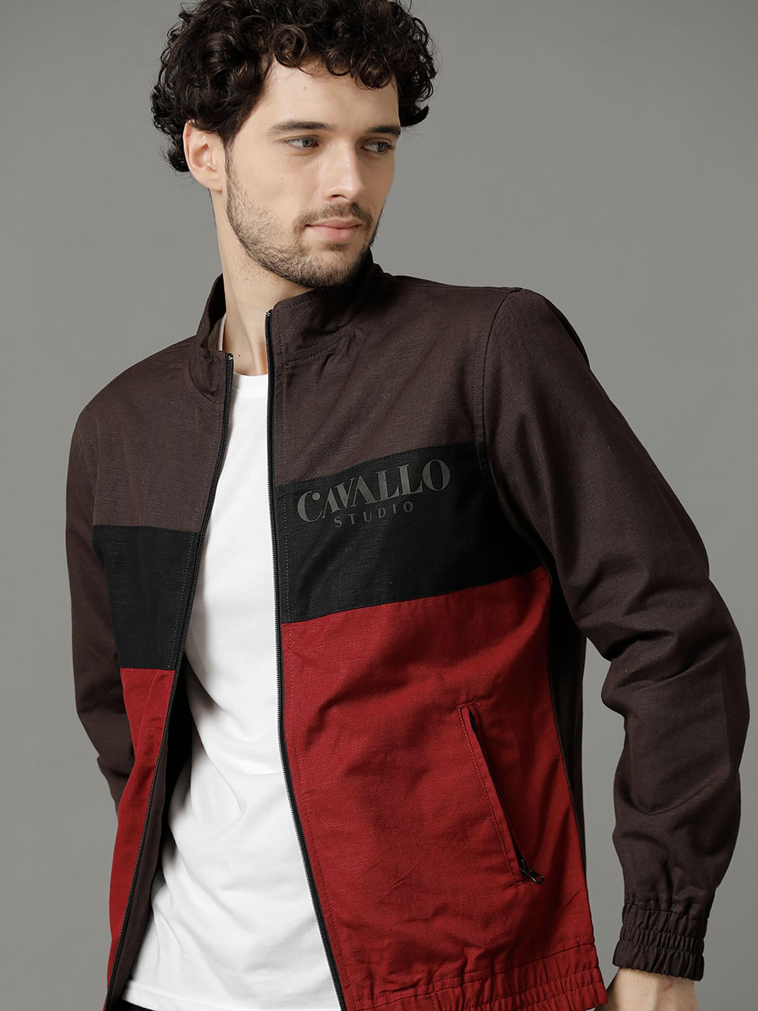 brown color blocked full sleeve cotton linen jacket for men