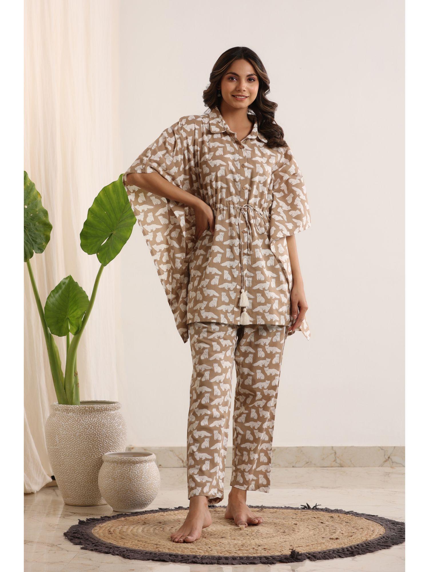 brown color printed women pure cotton kaftan & pyjama night suit (set of 2)