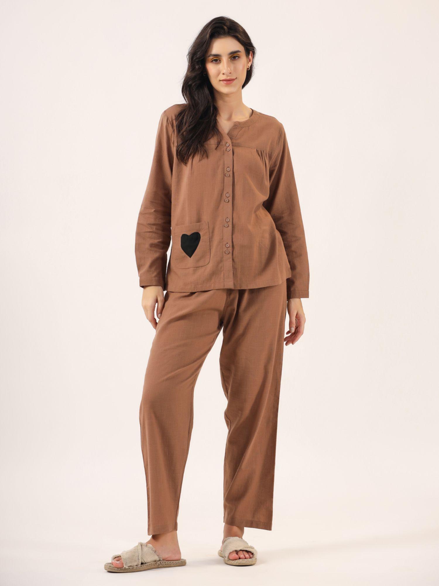 brown color solid women pure cotton top & pyjama night suit (set of 2)