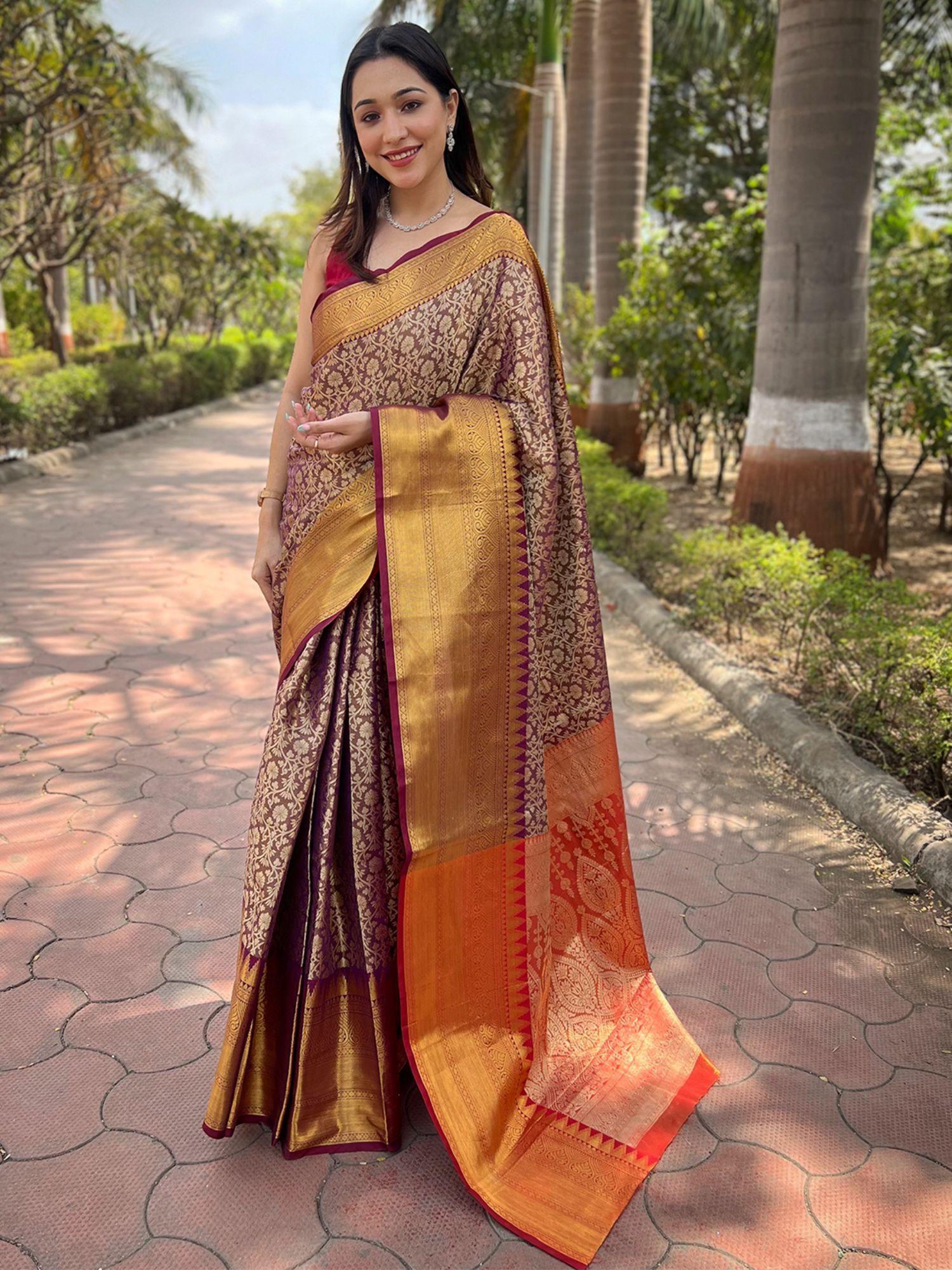 brown colour one gram gold tissue saree with unstitched blouse