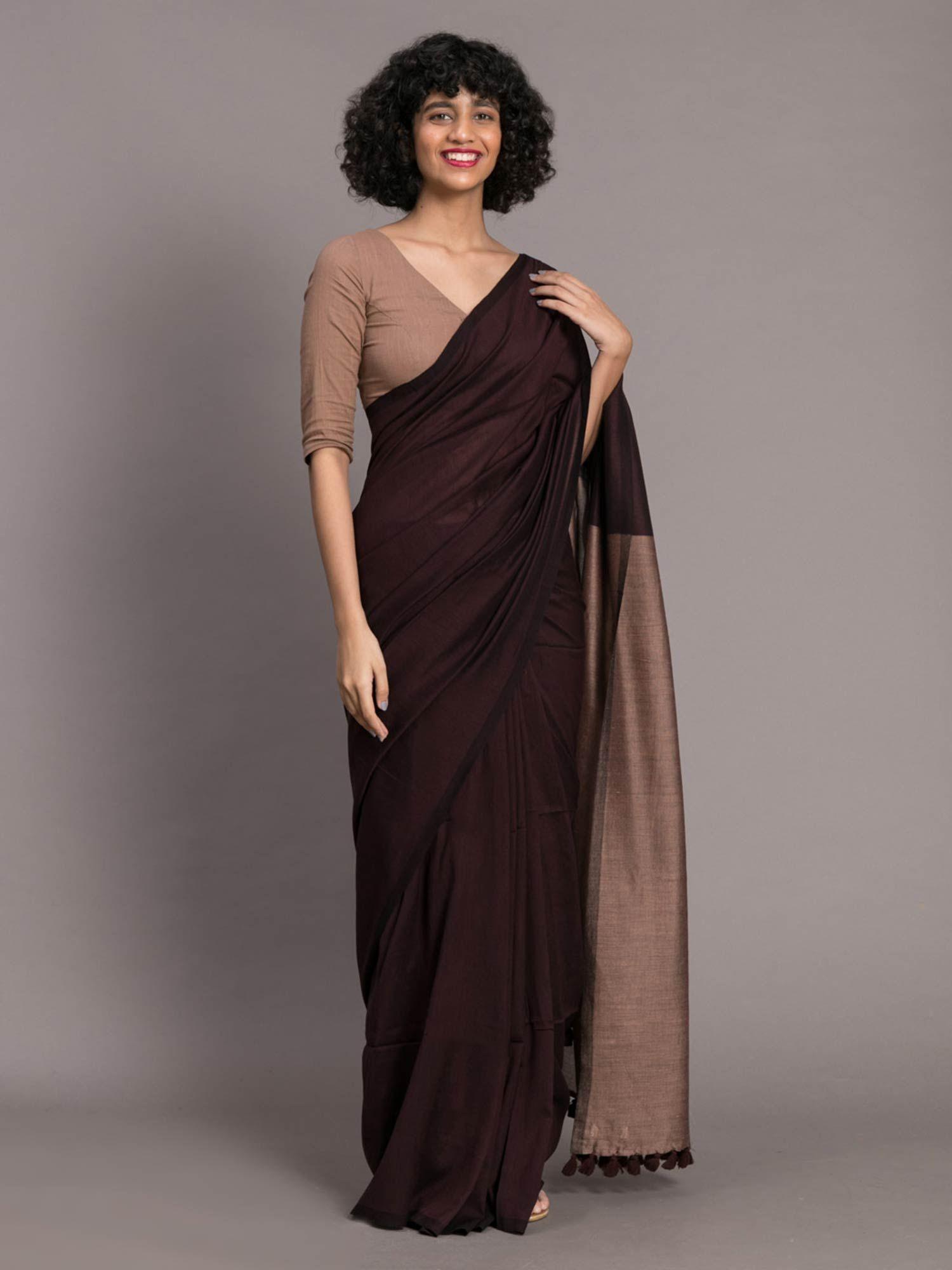 brown colourblocked cotton blend saree without blouse