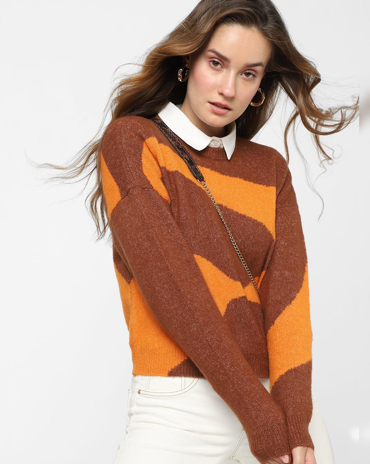 brown colourblocked pullover