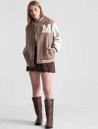 brown colourblocked varsity bomber jacket