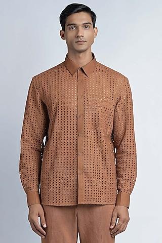 brown cotton & schiffli embroidered shirt