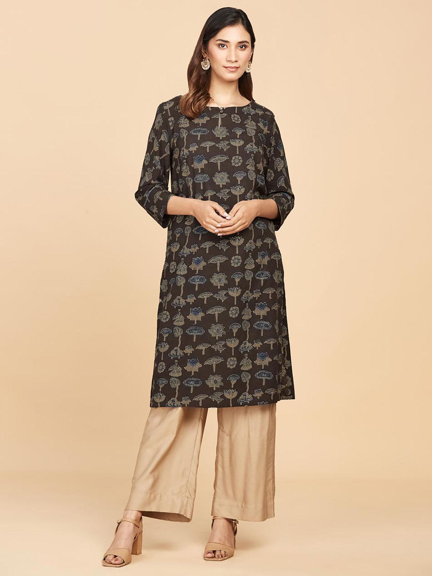 brown cotton ajrakh printed knee length kurta