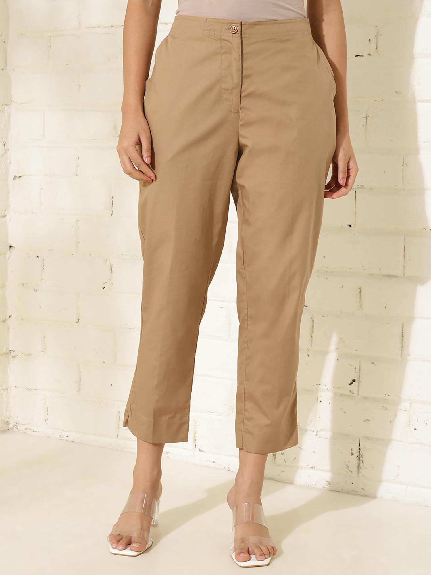 brown cotton ankle length slim fit casual pant