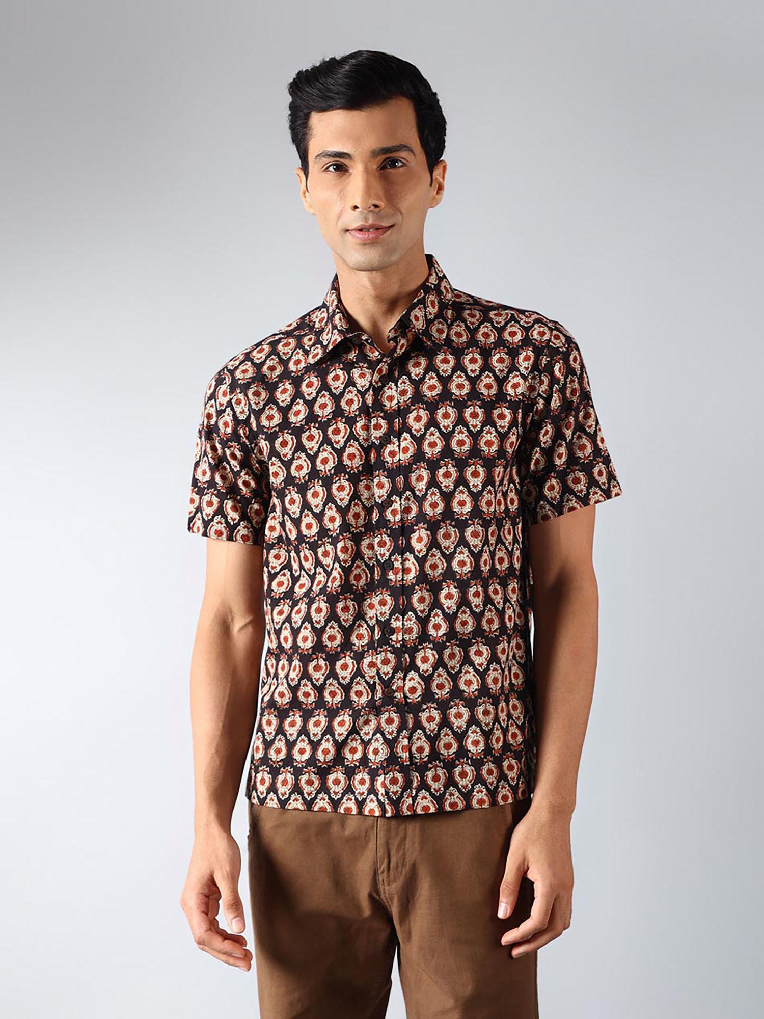 brown cotton bagru print regular shirt