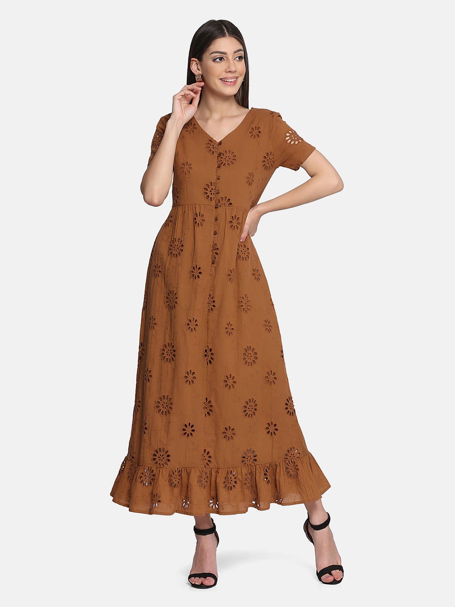 brown cotton colour block printed casual dress for women