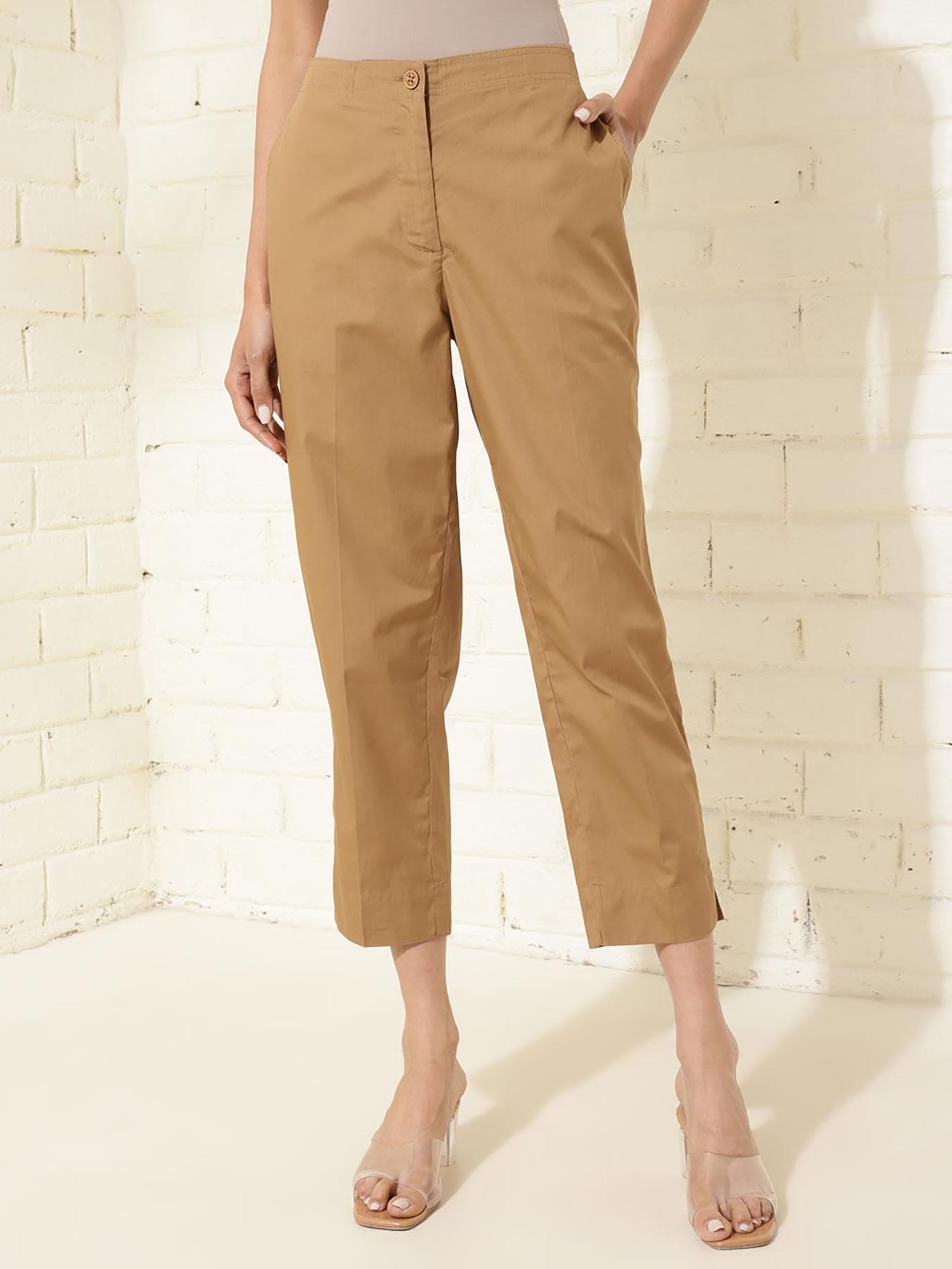 brown cotton crop length slim fit casual pant