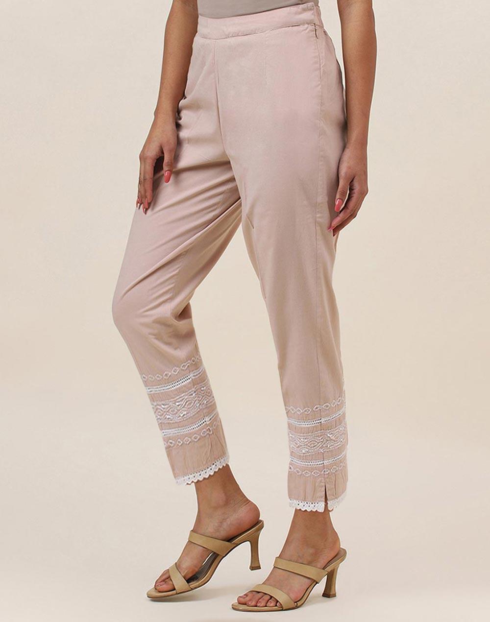 brown cotton embroidered casual pant