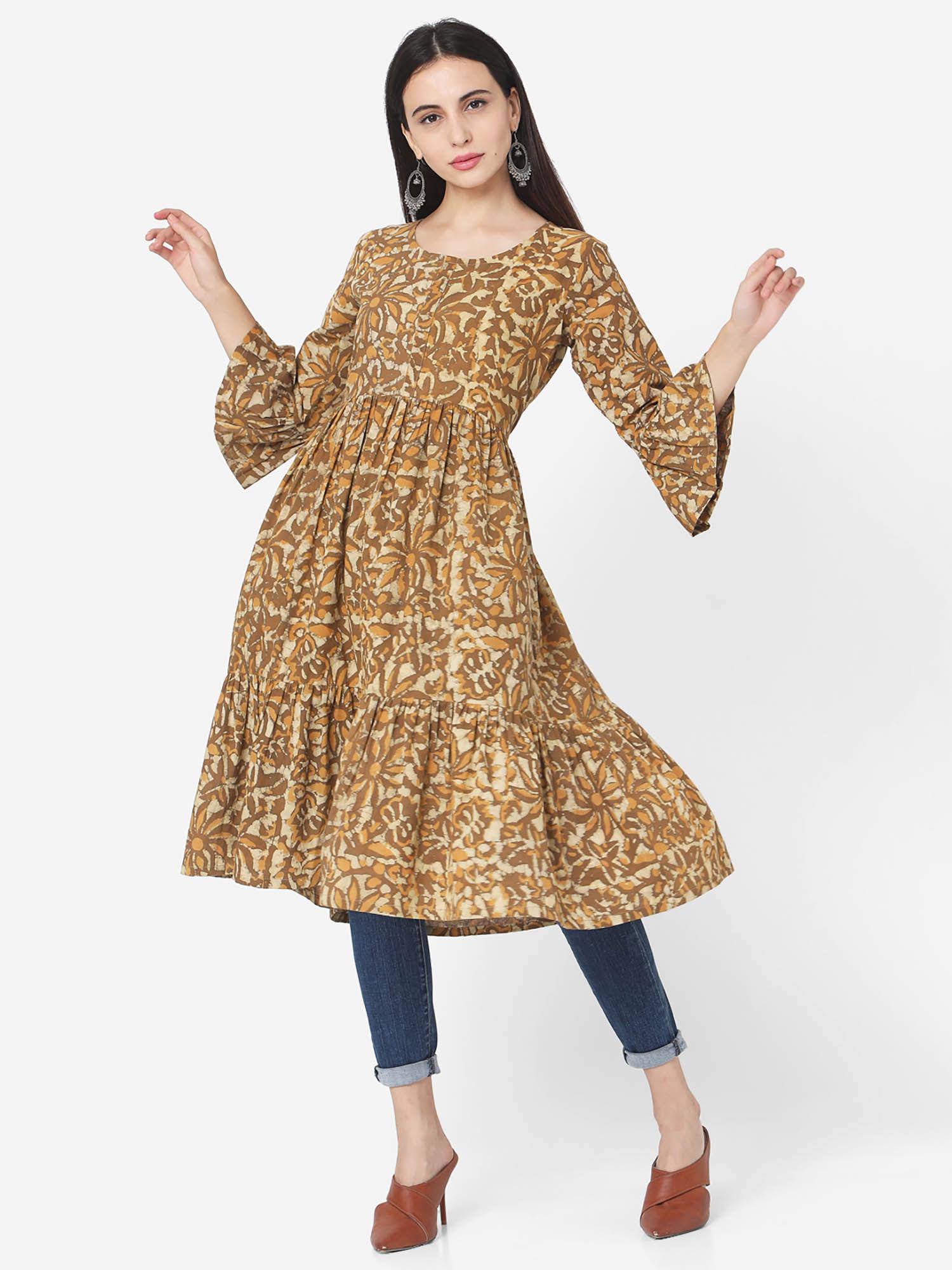 brown cotton ethnic motif printed casual dress for women