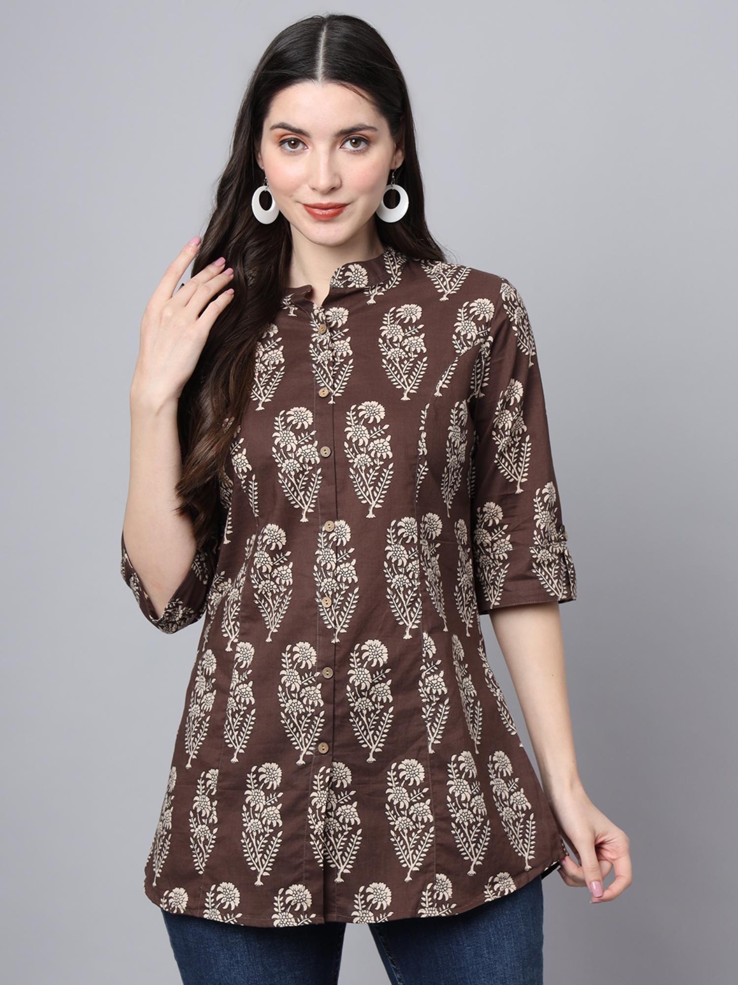 brown cotton floral print shirt style top