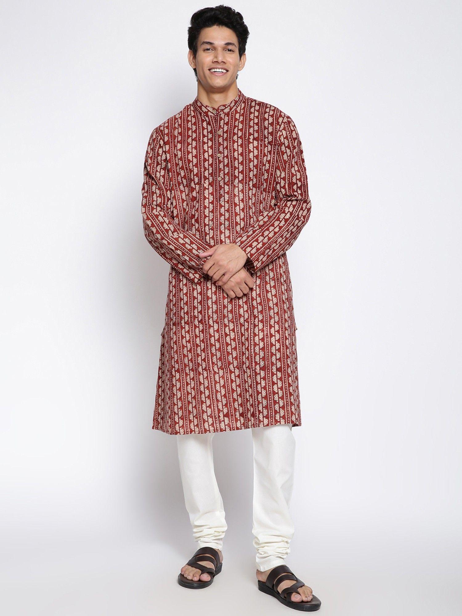 brown cotton hand block printed long kurta