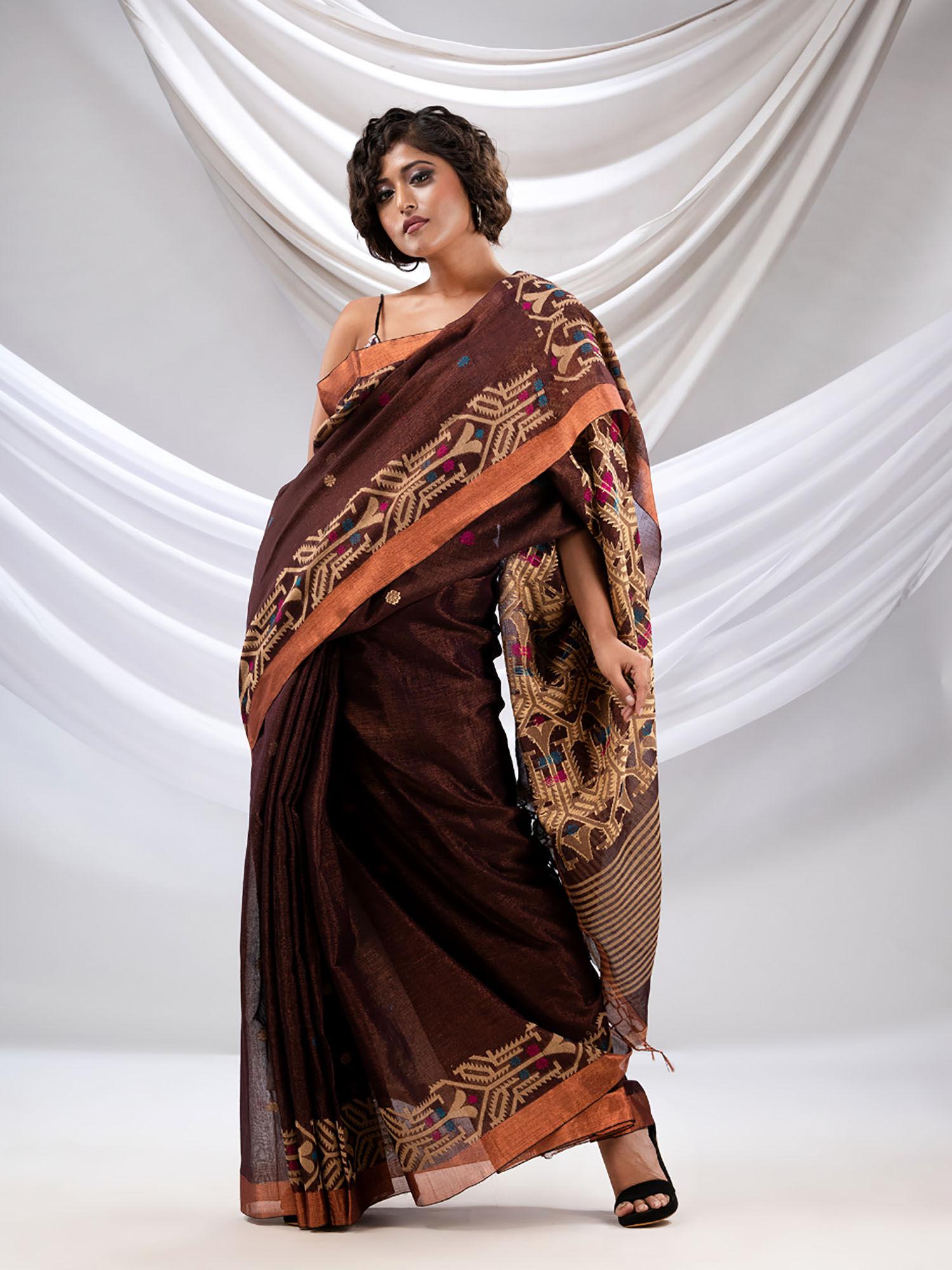 brown cotton handwoven soft saree with jamdani borders with unstitched blouse