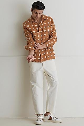 brown cotton linen printed shirt
