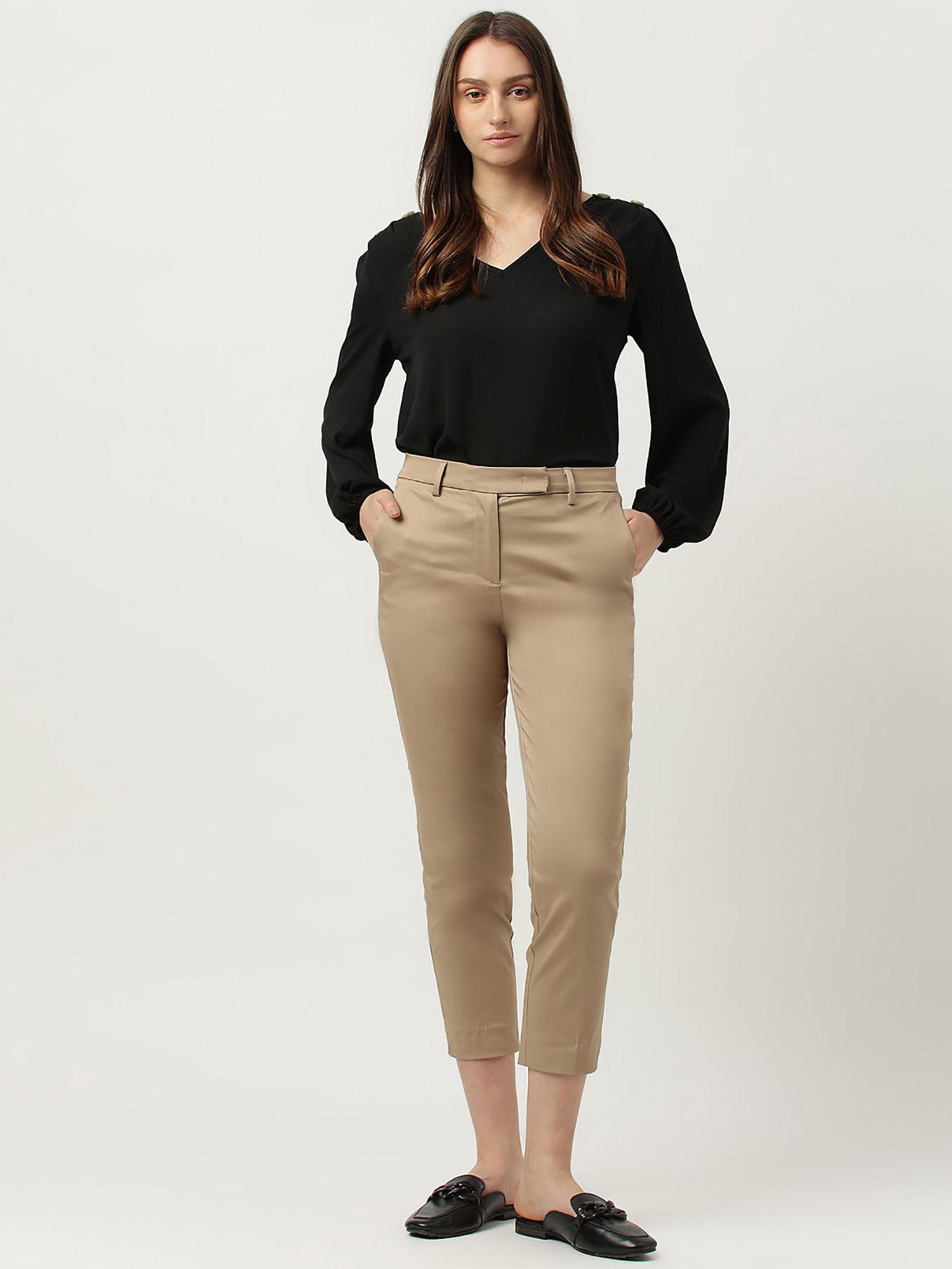 brown cotton mix slim fit cropped trouser