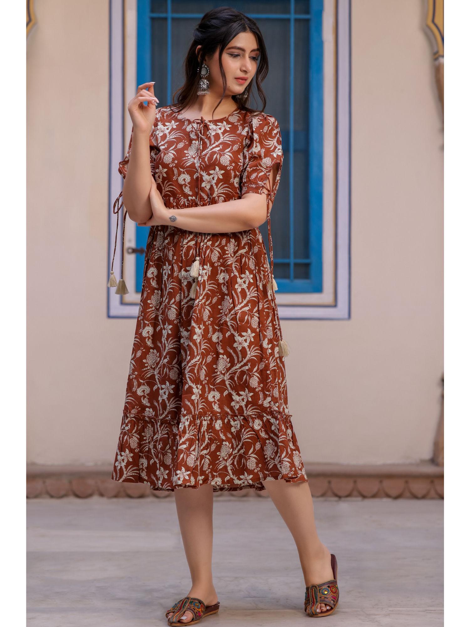 brown cotton printed flared dress with detailed sleeves