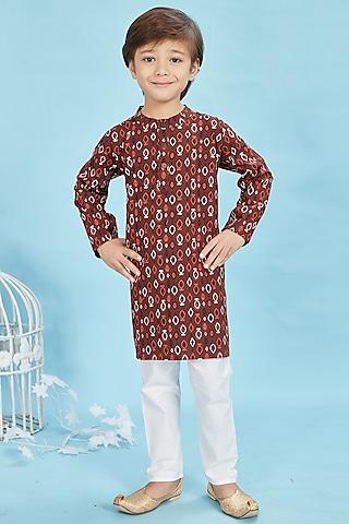 brown cotton printed kurta set for boys