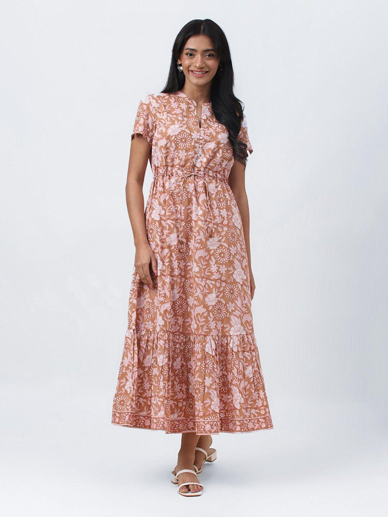 brown cotton printed maxi