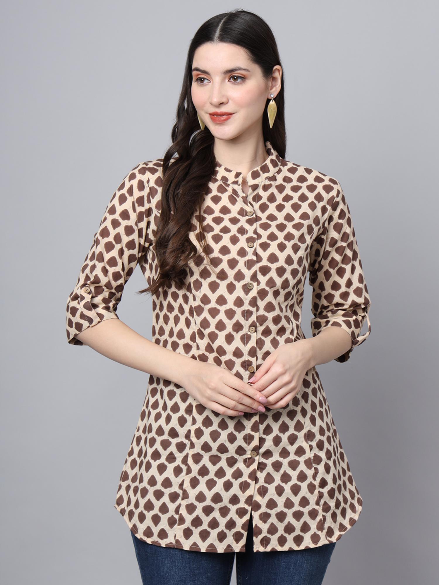 brown cotton printed shirt style top