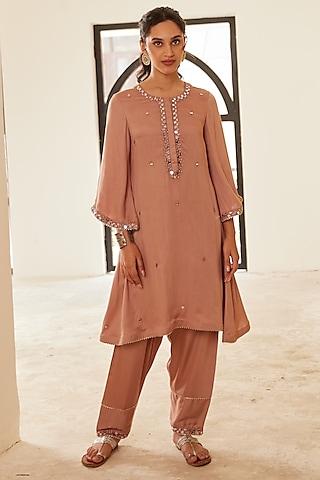 brown cotton satin mirror embellished a-line kurta set