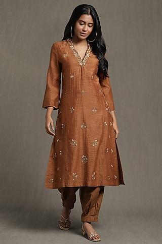 brown cotton silk embroidered kurta set