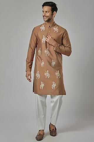 brown cotton silk machine embroidered kurta set