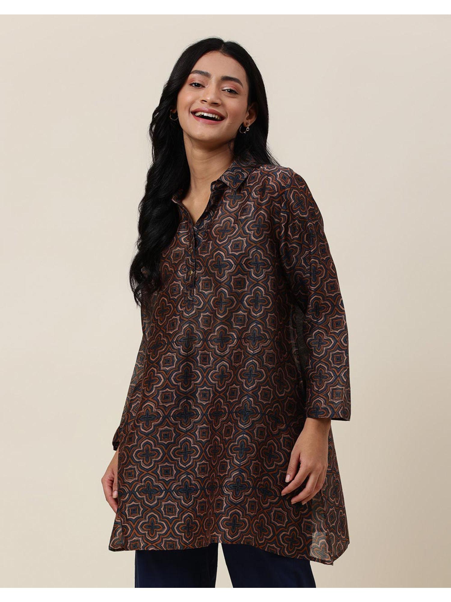 brown cotton silk printed ajrakh tunic