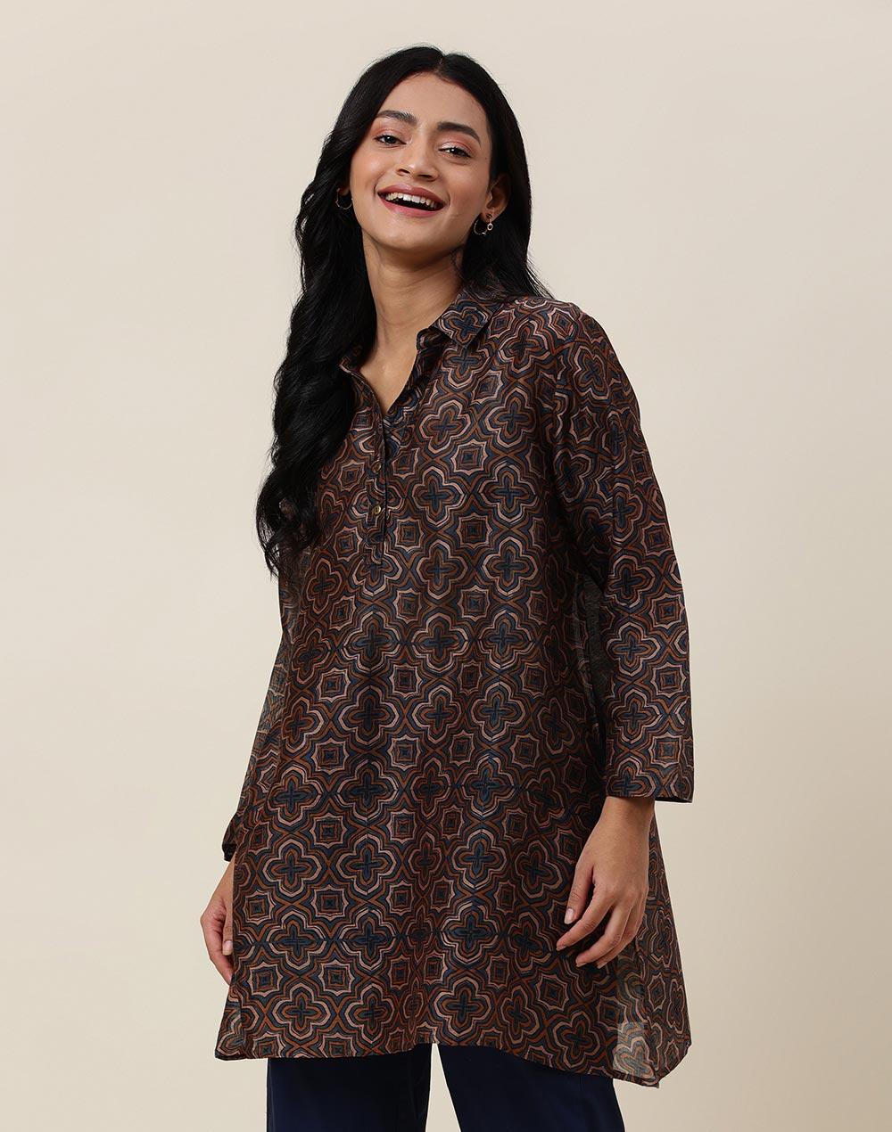 brown cotton silk printed ajrakh tunic