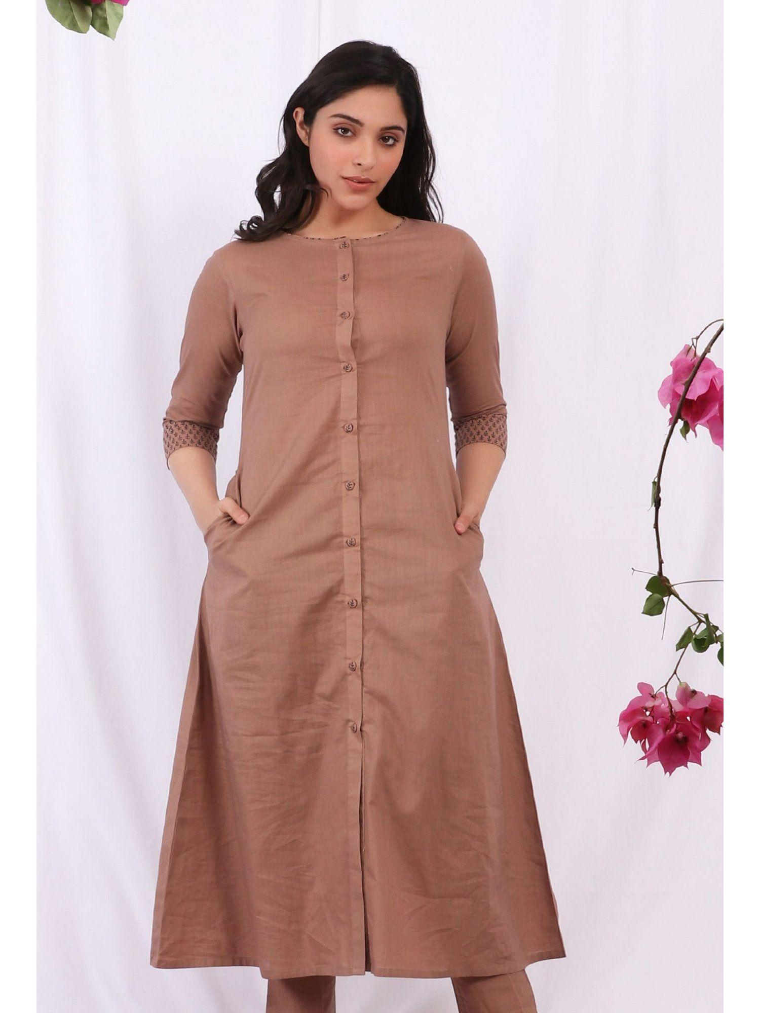 brown cotton solid kurta