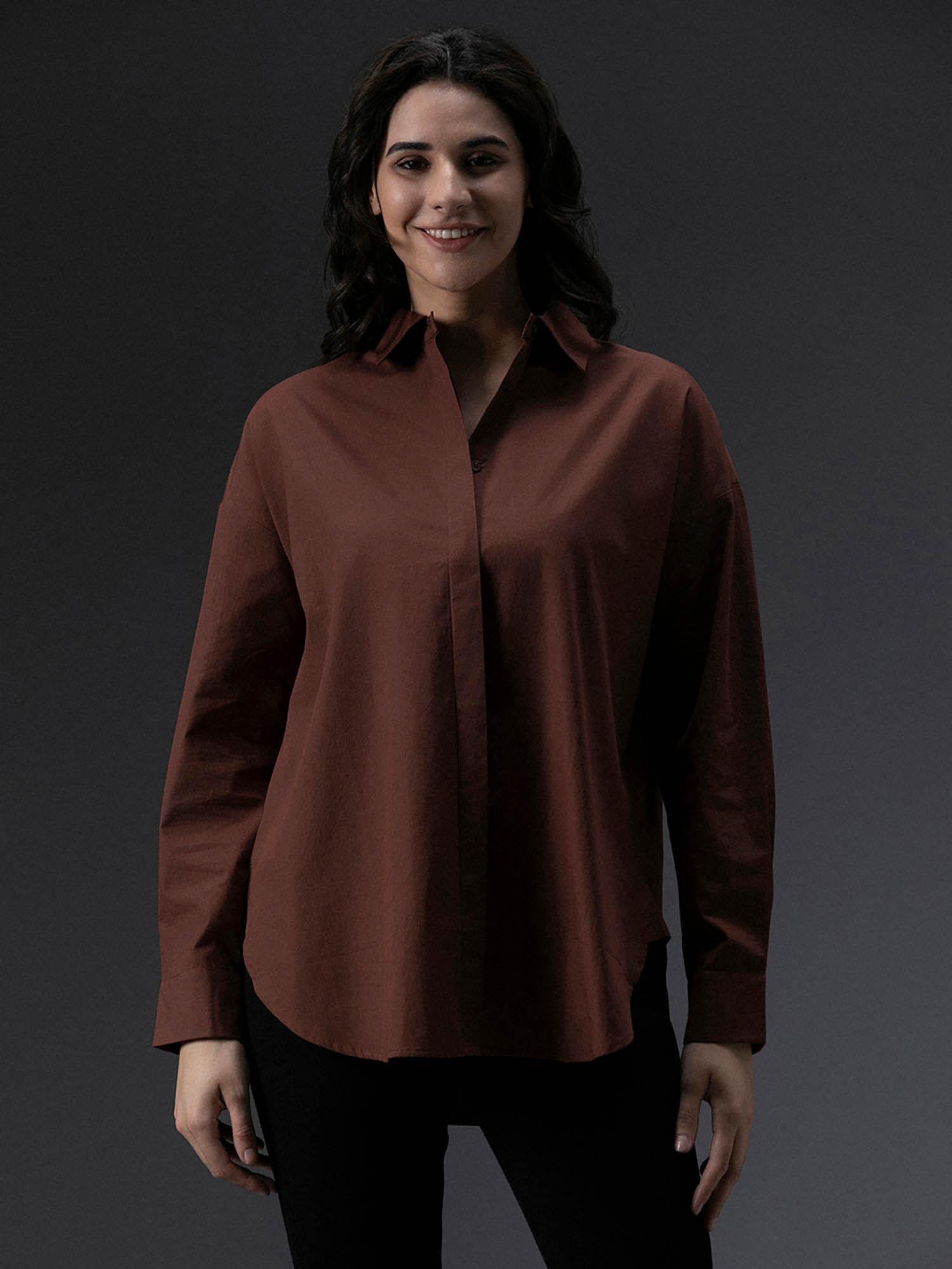 brown cotton spread collar long sleeves shirts