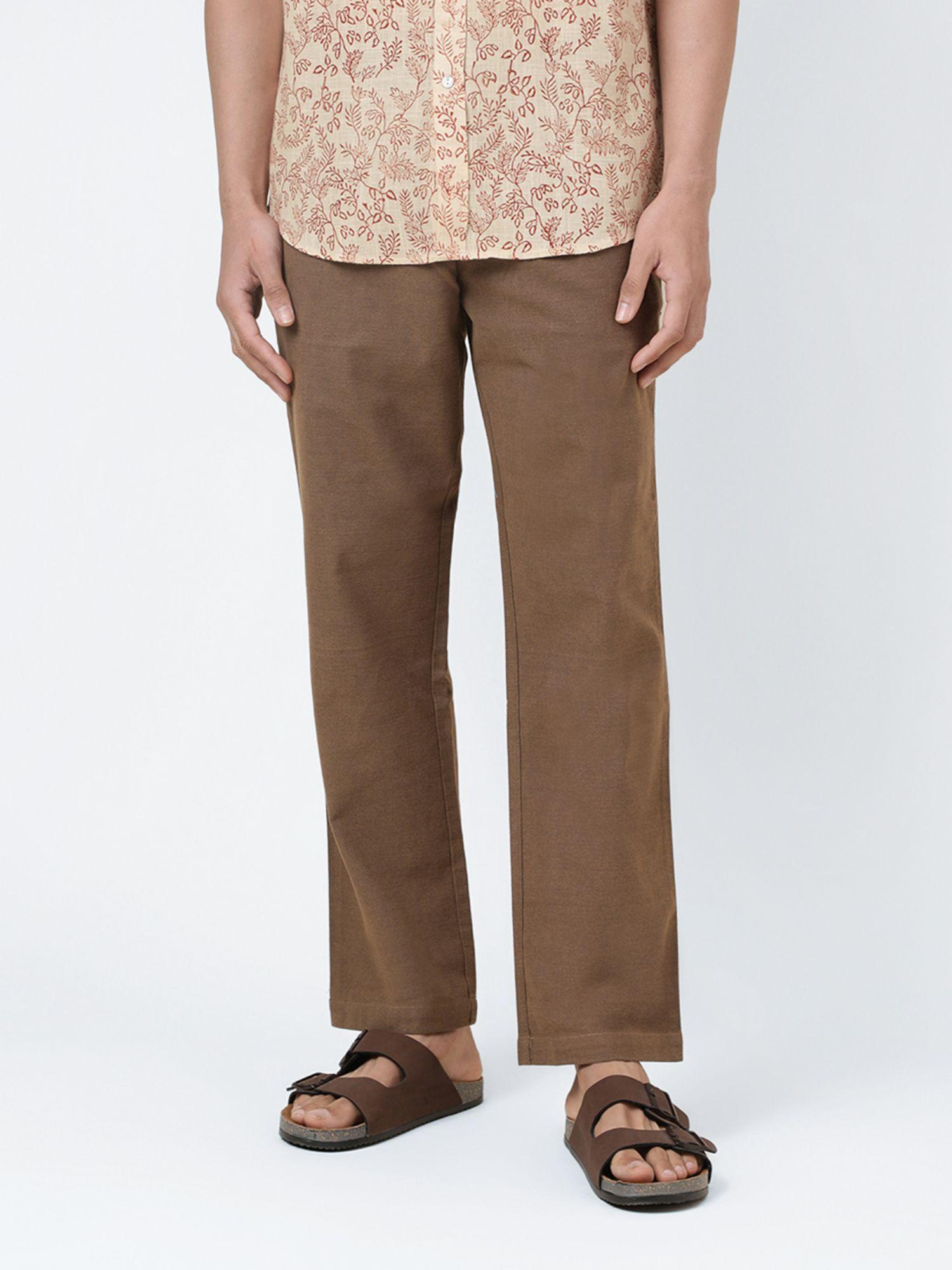 brown cotton straight fit pants