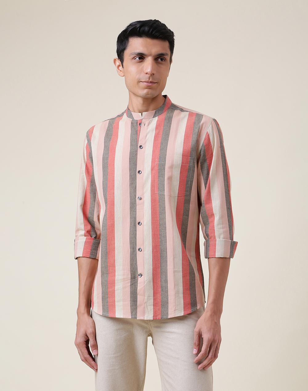 brown cotton striped slim fit shirt