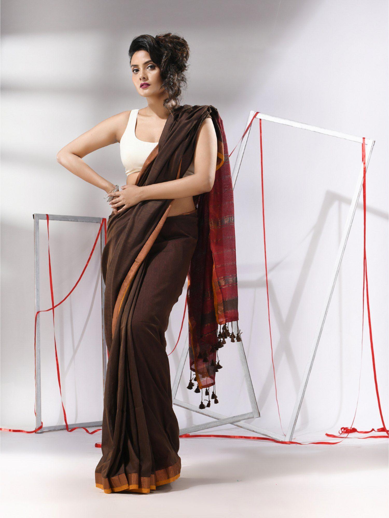 brown cotton stripes zari pallu saree with unstitched blouse